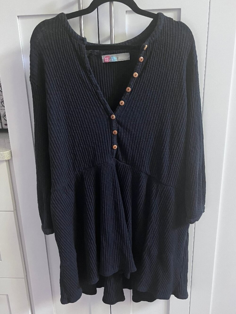 FP Beach M High Low Dark Blue Sweater Dress with Buttons